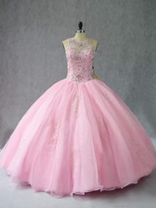 Low Price Baby Pink Ball Gowns Beading Quinceanera Dresses Lace Up Organza Sleeveless Floor Length