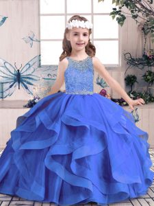 Super Floor Length Blue Kids Pageant Dress Tulle Sleeveless Beading and Ruffles