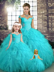 Beading and Ruffles Ball Gown Prom Dress Aqua Blue Lace Up Sleeveless Floor Length