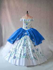 Fashion Blue And White Off The Shoulder Neckline Embroidery and Ruffles Quinceanera Dresses Sleeveless Lace Up