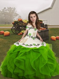 Green Lace Up Pageant Gowns For Girls Embroidery and Ruffles Sleeveless Floor Length