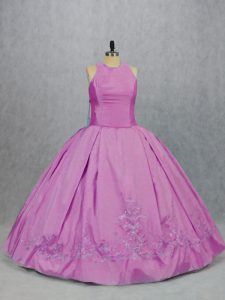 Scoop Sleeveless Quince Ball Gowns Floor Length Embroidery Lilac Satin