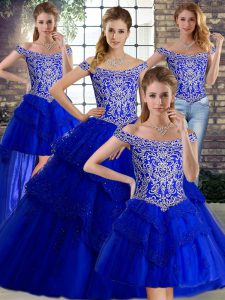 Off The Shoulder Sleeveless Brush Train Lace Up Sweet 16 Quinceanera Dress Royal Blue Tulle