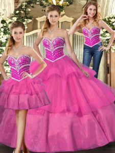 Discount Three Pieces Quinceanera Dress Lilac Sweetheart Tulle Sleeveless Floor Length Lace Up