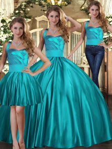 Floor Length Teal Quinceanera Dresses Halter Top Sleeveless Lace Up