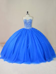 Sleeveless Floor Length Beading Lace Up Sweet 16 Quinceanera Dress with Blue