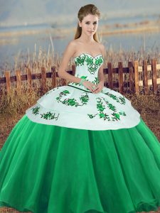 Super Floor Length Lace Up Ball Gown Prom Dress Green for Military Ball and Sweet 16 and Quinceanera with Embroidery and Bowknot