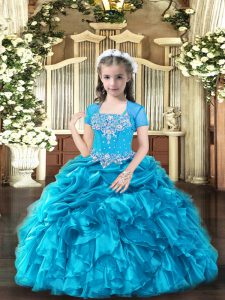 Superior Sleeveless Floor Length Beading and Ruffles Lace Up Pageant Gowns For Girls with Baby Blue