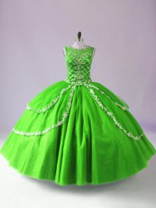 Floor Length Green Quinceanera Dress Tulle Sleeveless Beading and Appliques