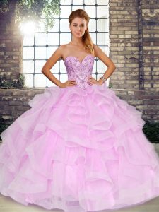 Vintage Lilac Ball Gowns Beading and Ruffles Vestidos de Quinceanera Lace Up Tulle Sleeveless Floor Length