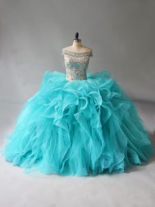 Aqua Blue Off The Shoulder Neckline Beading and Ruffles 15 Quinceanera Dress Sleeveless Lace Up