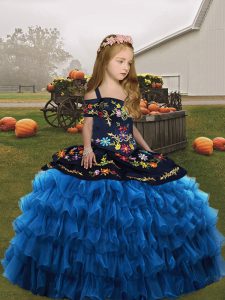 Blue Sleeveless Organza Lace Up Girls Pageant Dresses for Wedding Party