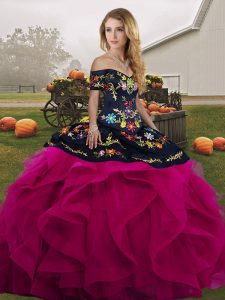 Off The Shoulder Sleeveless Tulle Quinceanera Gown Embroidery and Ruffles Lace Up