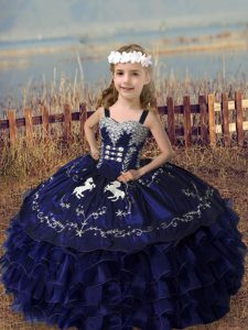 Purple Ball Gowns Straps Sleeveless Organza Floor Length Lace Up Embroidery and Ruffled Layers Girls Pageant Dresses