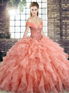 Colorful Ball Gowns Sleeveless Peach Sweet 16 Dress Brush Train Lace Up