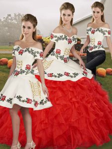 Sleeveless Organza Floor Length Lace Up Ball Gown Prom Dress in White And Red with Embroidery and Ruffles
