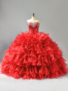 Beauteous Red Ball Gowns Organza Sweetheart Sleeveless Beading and Ruffles and Sequins Floor Length Lace Up 15th Birthday Dress