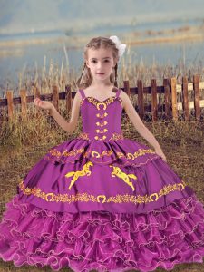 Sleeveless Floor Length Beading and Embroidery and Ruffled Layers Lace Up Pageant Gowns For Girls with Fuchsia