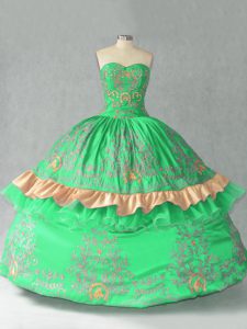 Sweetheart Sleeveless Ball Gown Prom Dress Floor Length Embroidery and Bowknot Green Organza