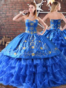 Traditional Sleeveless Satin and Organza Floor Length Quinceanera Dresses in Blue with Embroidery