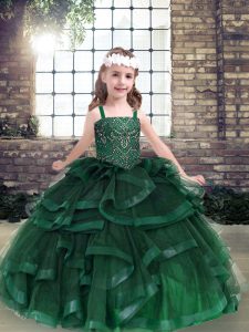 Straps Sleeveless Little Girl Pageant Gowns Floor Length Beading and Ruffles Green Tulle