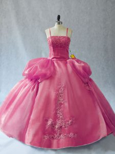 Sumptuous Pink Ball Gowns Appliques 15th Birthday Dress Lace Up Organza Sleeveless Floor Length