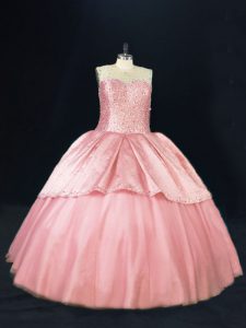 Shining Ball Gowns Sweet 16 Dress Pink Scoop Tulle Sleeveless Floor Length Lace Up