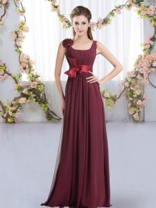 Burgundy Zipper Straps Belt and Hand Made Flower Dama Dress Chiffon Sleeveless