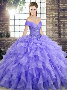 Lavender Organza Lace Up Off The Shoulder Sleeveless Sweet 16 Quinceanera Dress Brush Train Beading and Ruffles