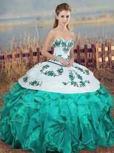 Nice Turquoise Quince Ball Gowns Military Ball and Sweet 16 and Quinceanera with Embroidery and Ruffles and Bowknot Sweetheart Sleeveless Lace Up