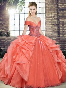 Sleeveless Floor Length Beading and Ruffles Lace Up Quinceanera Dresses with Orange Red