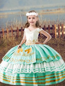 Floor Length Lace Up Kids Pageant Dress Apple Green for Wedding Party with Embroidery