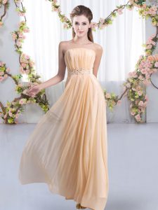 Peach Empire Strapless Sleeveless Chiffon Sweep Train Lace Up Beading Dama Dress for Quinceanera