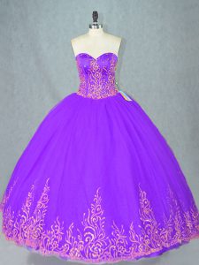 Purple Ball Gowns Sweetheart Sleeveless Tulle Floor Length Lace Up Beading 15th Birthday Dress