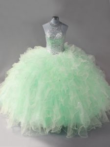 Floor Length Apple Green Sweet 16 Quinceanera Dress Tulle Sleeveless Beading and Ruffles