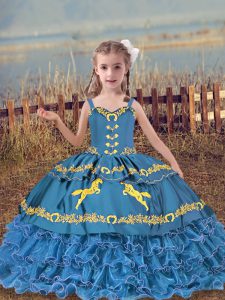 Blue Sleeveless Organza Lace Up Kids Formal Wear for Wedding Party