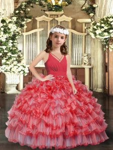 Cheap V-neck Sleeveless Little Girls Pageant Dress Floor Length Ruffles and Ruffled Layers Coral Red Organza