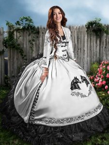 Classical White And Black Sleeveless Embroidery and Ruffles Floor Length Quinceanera Dress