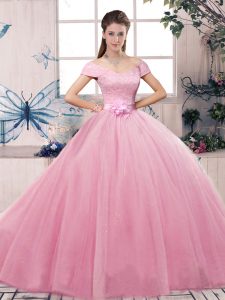 Colorful Floor Length Rose Pink Quinceanera Dresses Off The Shoulder Short Sleeves Lace Up