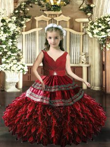 Red Backless V-neck Sleeveless Floor Length Little Girls Pageant Dress Wholesale Beading and Appliques and Ruffles