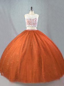 Spectacular Rust Red Two Pieces Tulle Scoop Sleeveless Beading Floor Length Zipper Quinceanera Dresses