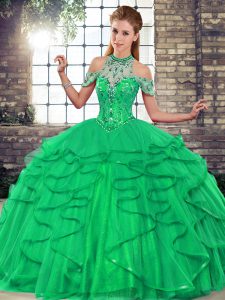 Ideal Green Sleeveless Floor Length Beading and Ruffles Lace Up Sweet 16 Dress