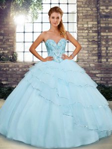 Light Blue Ball Gowns Beading and Ruffled Layers Quinceanera Dresses Lace Up Tulle Sleeveless