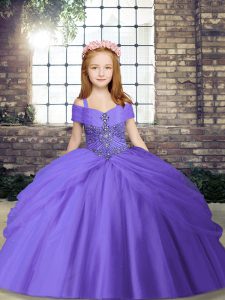 Sleeveless Tulle Floor Length Lace Up Girls Pageant Dresses in Lavender with Beading