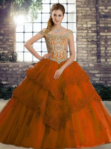 Comfortable Sleeveless Beading and Lace Lace Up Quinceanera Gown with Rust Red Brush Train