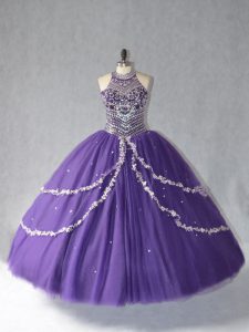 New Style Sleeveless Tulle Floor Length Lace Up Ball Gown Prom Dress in Purple with Beading