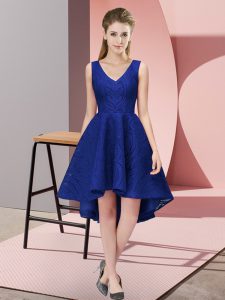 Fantastic Royal Blue Lace Zipper V-neck Sleeveless High Low Damas Dress Lace