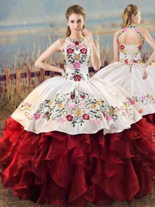 White And Red Ball Gowns Organza Halter Top Sleeveless Embroidery and Ruffles Floor Length Lace Up Vestidos de Quinceanera