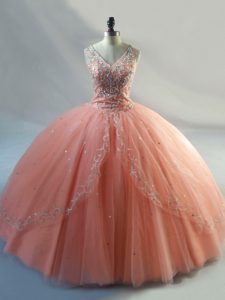 Amazing V-neck Sleeveless Ball Gown Prom Dress Floor Length Beading Peach Tulle