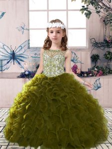 Olive Green Lace Up Pageant Dress Beading and Ruffles Sleeveless Floor Length